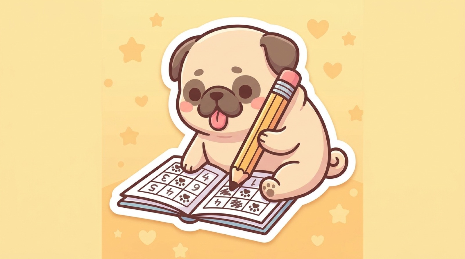 A kawaii pug puppy holding a big pencil, solving a sudoku grid